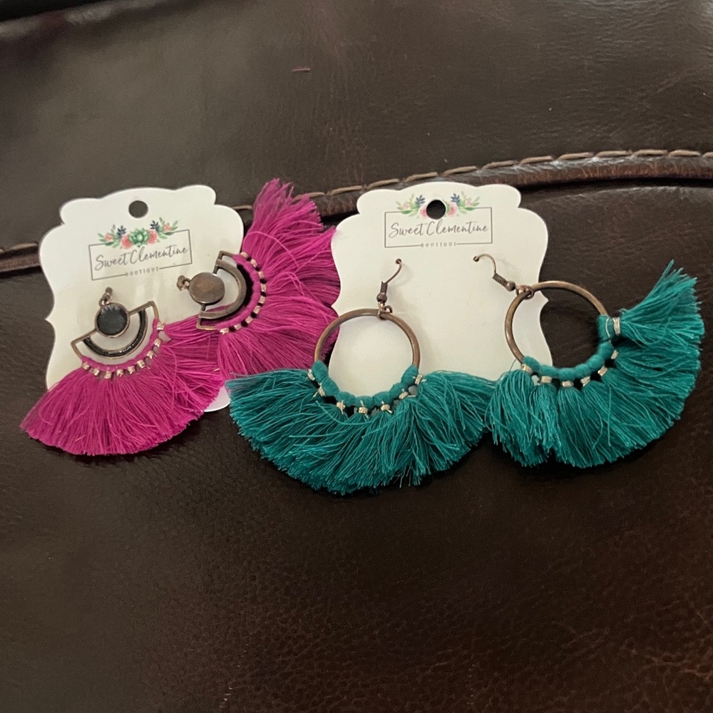 Sweet Clementine Pink and Teal Fringe Hoop Earrings - Set of 2